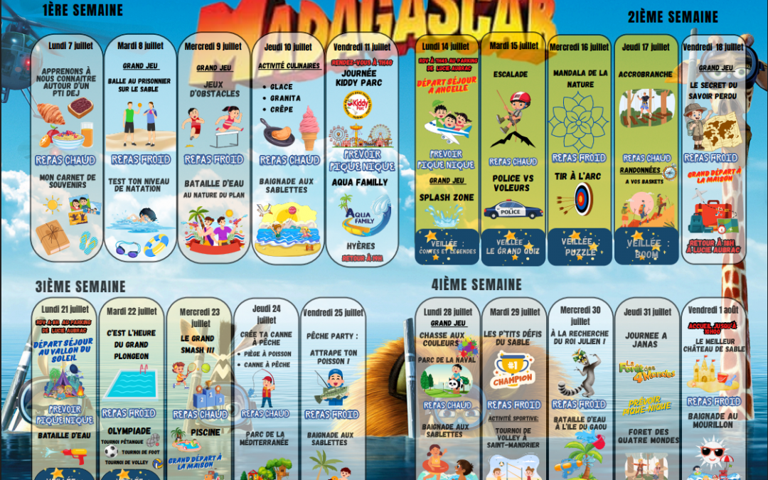 💥 Voici le planning des Minions de la présentation  (6 – 12 ans) pour cette période des vacances du mois de Juillet ! 📅