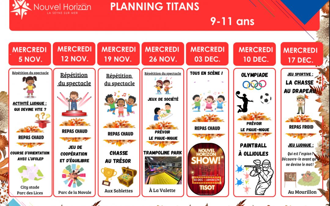 Planning des Titans pour les mercredis de Novembre / Décembre 2025