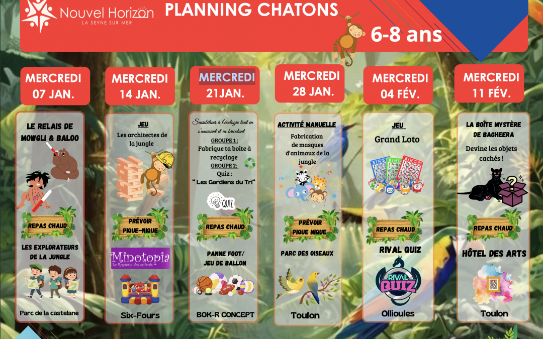 Planning des Chatons (6-8 ans) pour les mercredis Janvier / Février 2026