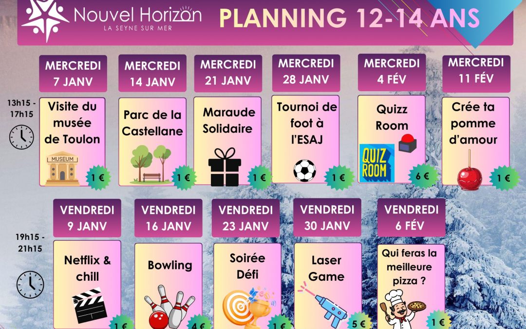 Planning du groupe Pep&rsquo;s (12–14 ans) pour les mercredis Janvier / Février 2026